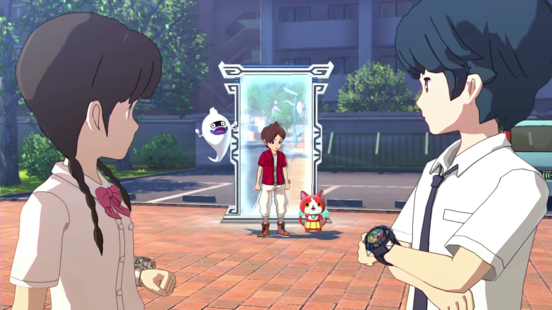 Cutscene of Keita, Jibanyan, and Whisper walking out of a mysterious door from the TGS 2018 demo.